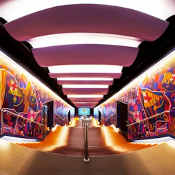 En starkt upplyst korridor med stora, upplysta väggmålningar av FC Barcelonas triumfer i Paris 2006 och Wembley 2011.