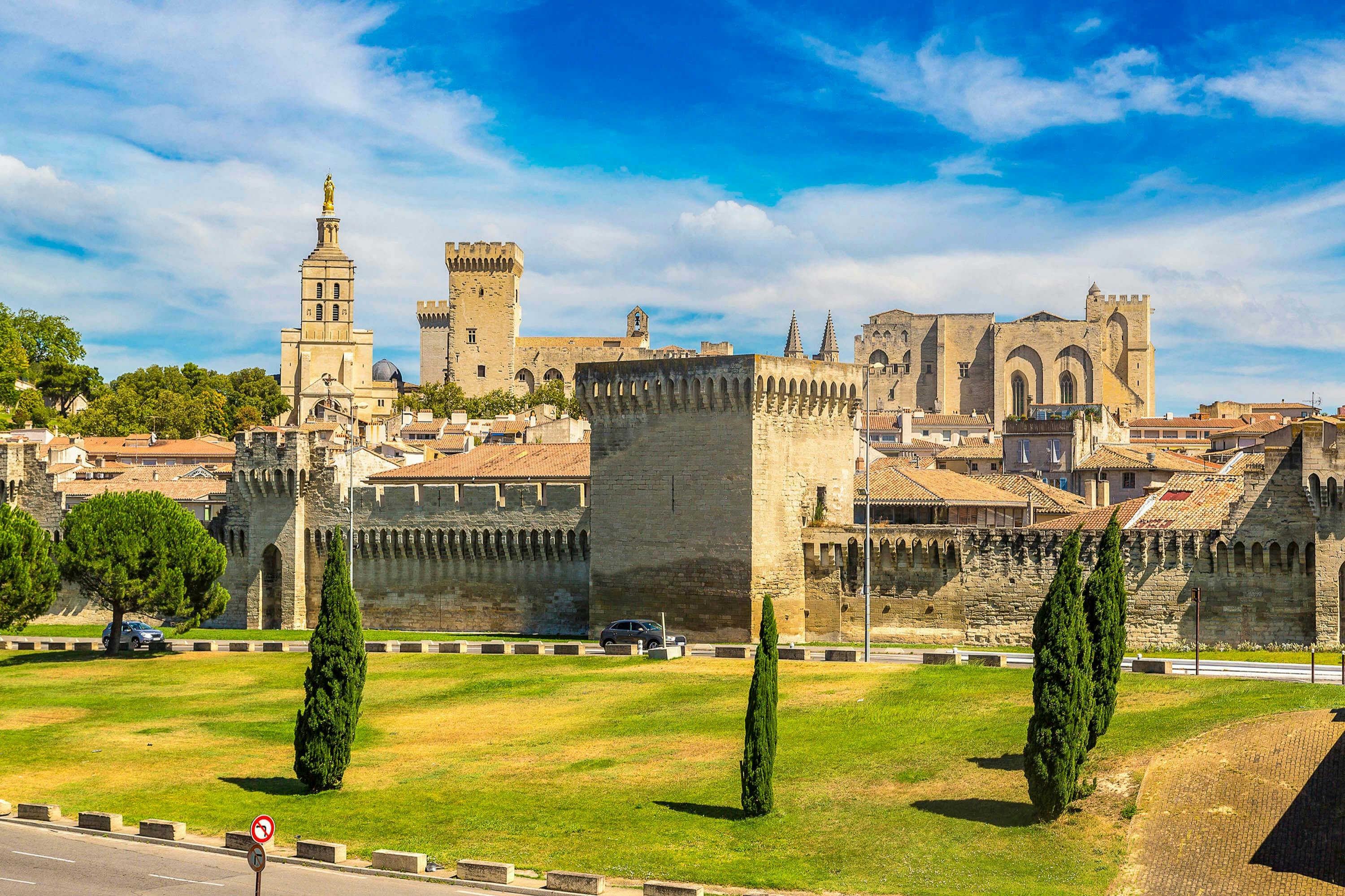 Historic stone fortress with tall, crenelated walls and towers, surrounded by trees, grass, and clear blue sky.