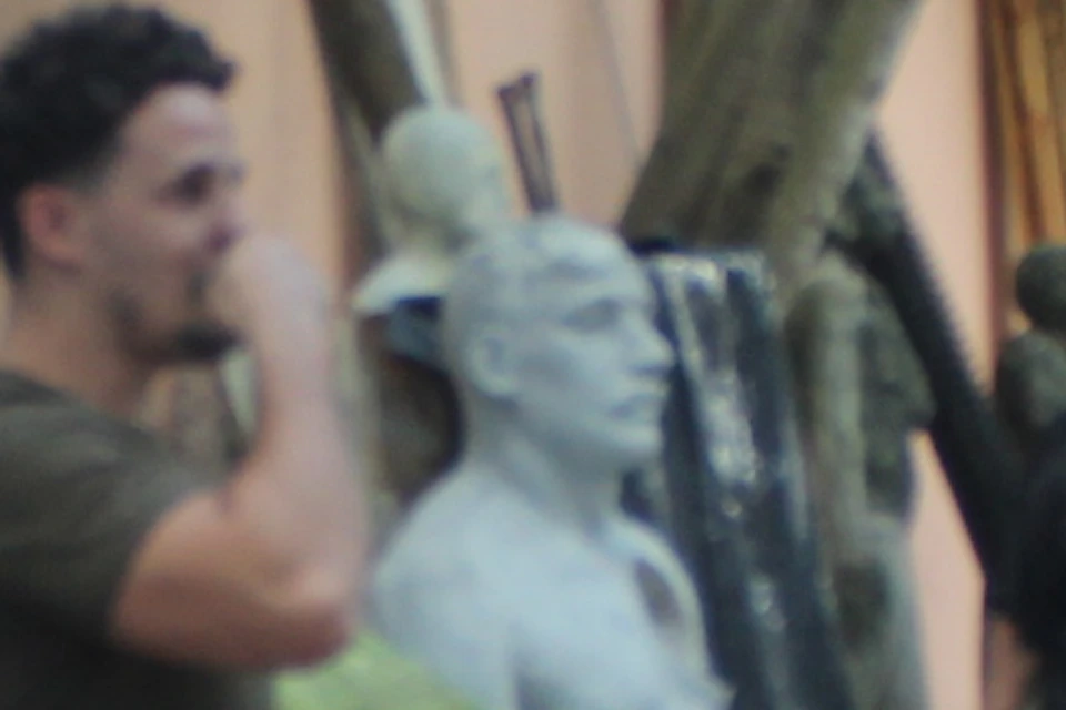 A group of people are gathered around a man speaking in an outdoor area with several large sculptures and dense trees.
