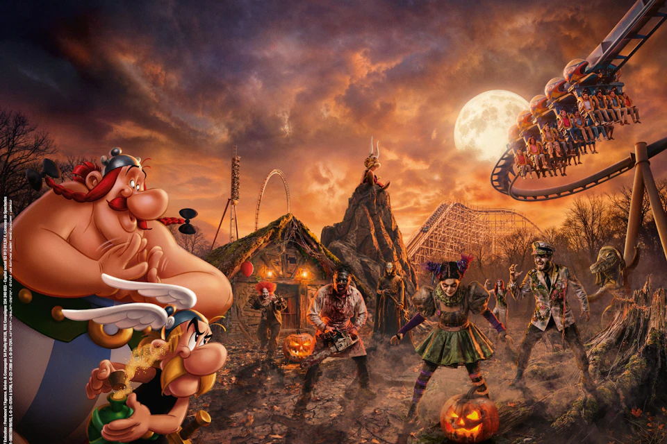 A Halloween-themed scene featuring costumed characters, pumpkins, a roller coaster, and cartoon figures under a full moon.