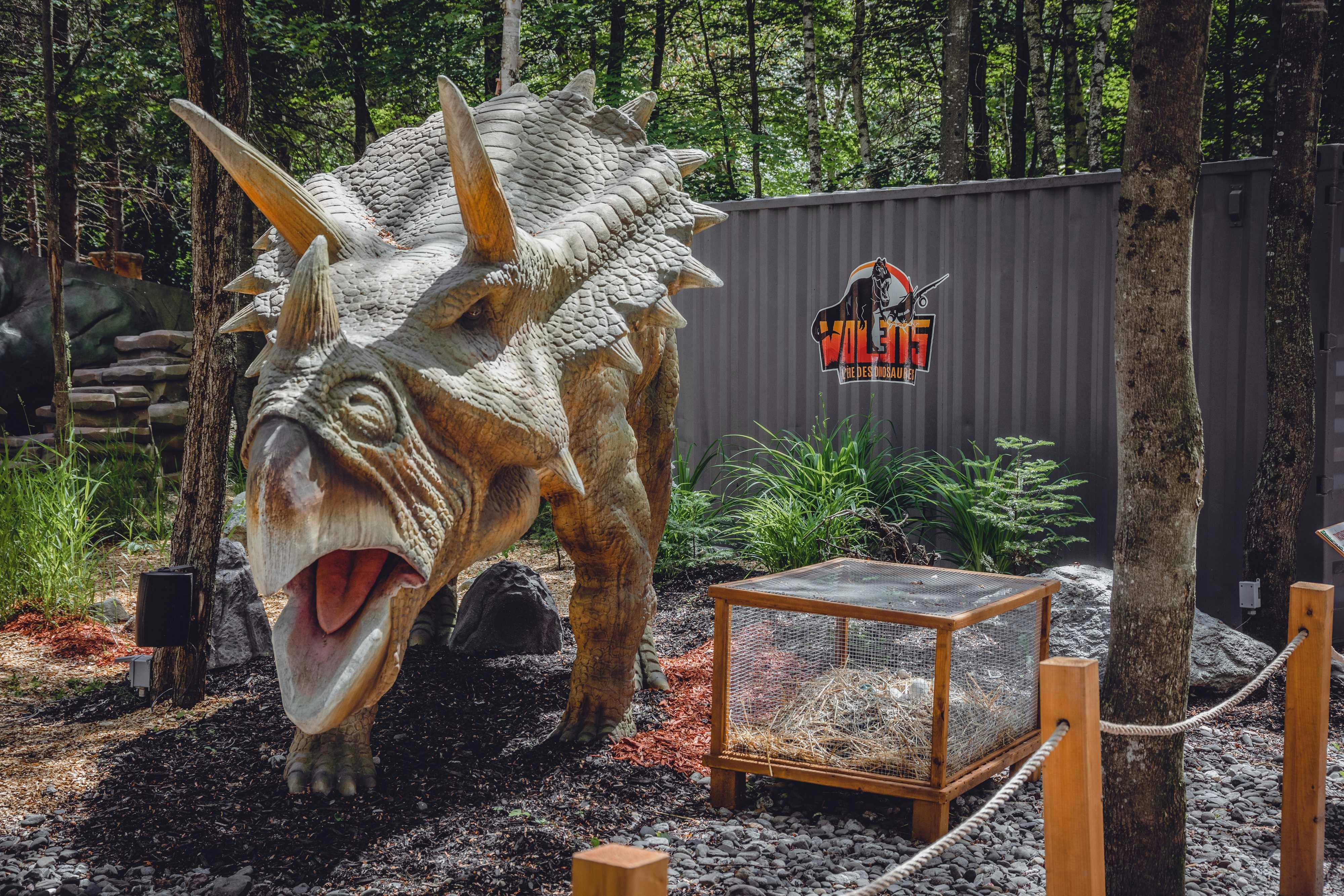 Živoucí socha triceratopse v lesním prostředí s kovovou nádobou, rostlinami a nápisem „Wildlife“ v pozadí.