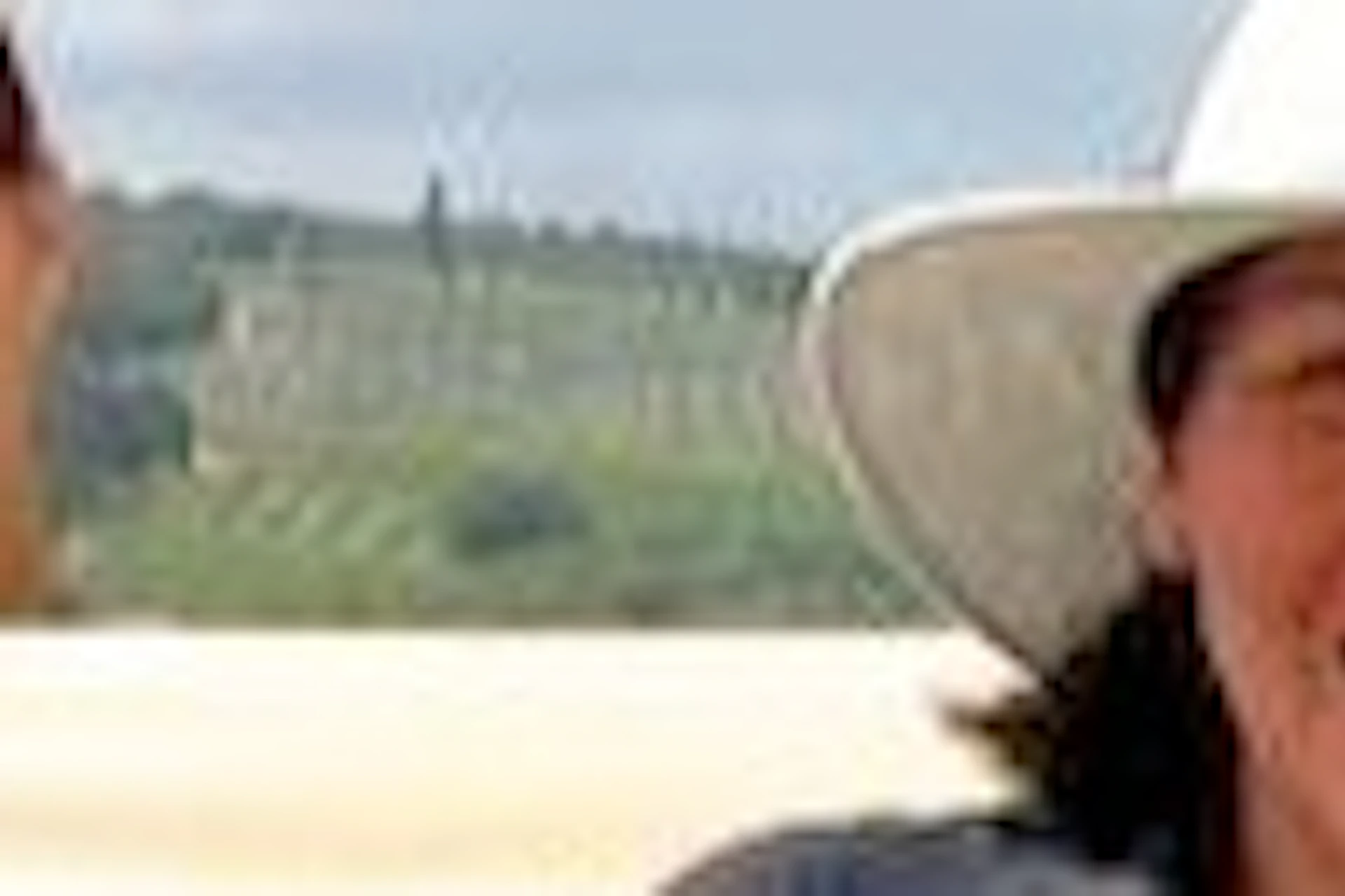 Two people cheerfully pose next to a red tuk-tuk in a vineyard landscape under a partly cloudy sky.