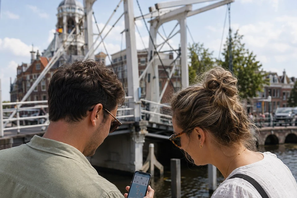 Two people looking at a smartphone, standing near a canal bridge with historic architecture in the background.