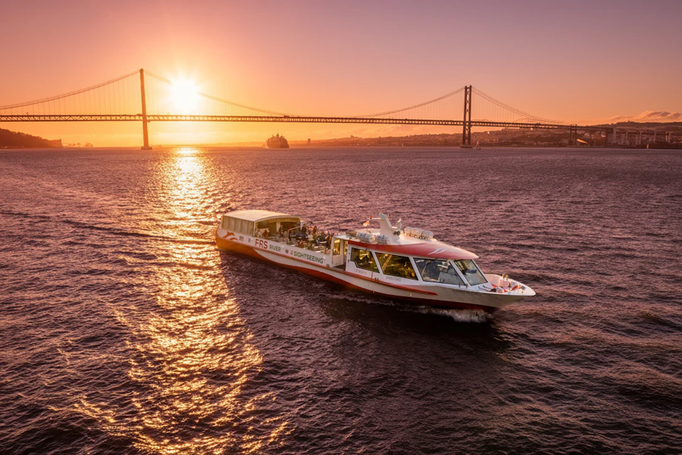 A sightseeing boat glides on a river during sunset, with a large suspension bridge visible in the background.