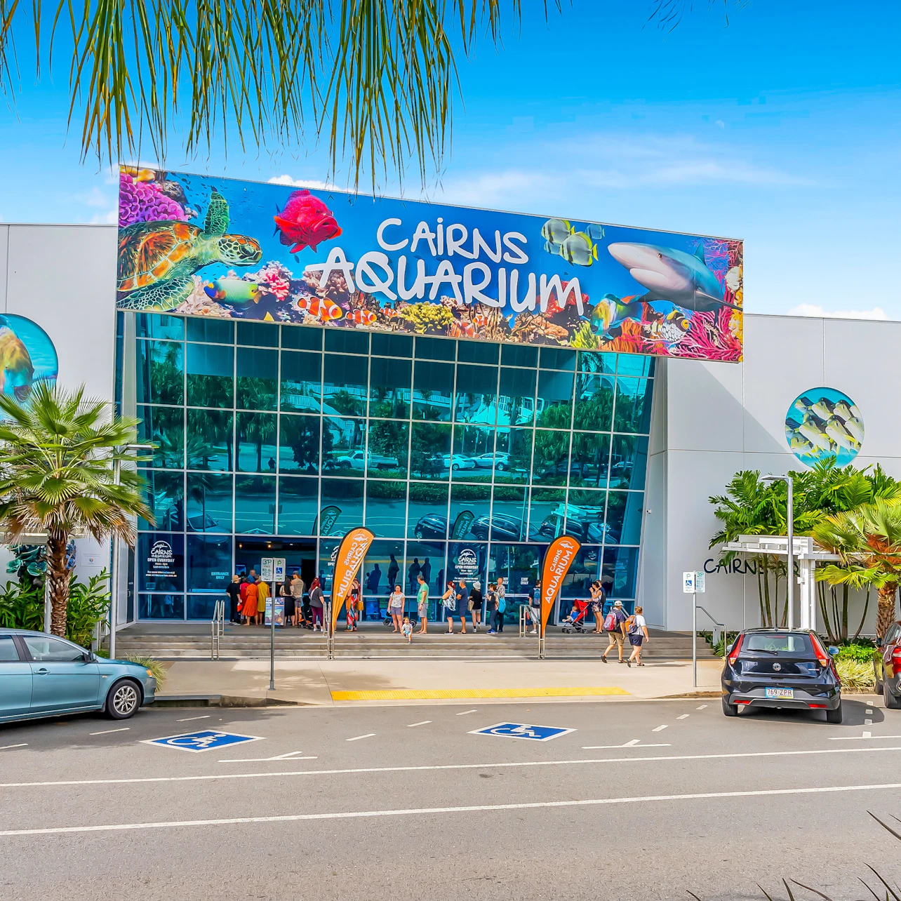 The entrance to Cairns Aquarium, featuring a colorful sign, glass facade, palm trees, parked cars, and visitors.