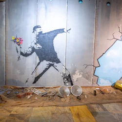 Graffitikonst av en maskerad figur som kastar blommor, omgiven av spillror, och ett barn med en hink på en sprucken vägg.