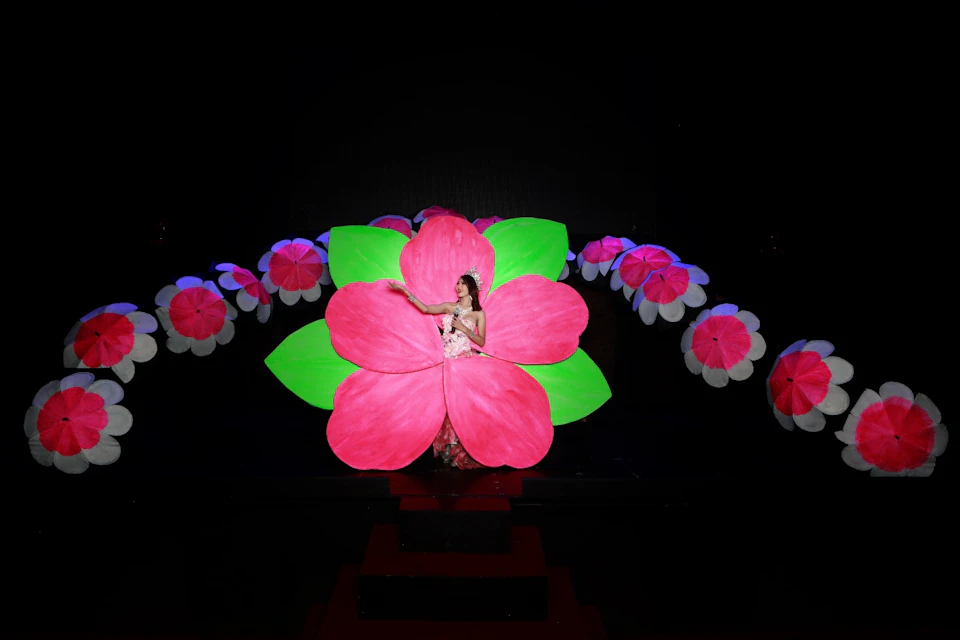 A performer on stage wearing a costume resembling a large pink flower with green leaves, surrounded by smaller flower props.