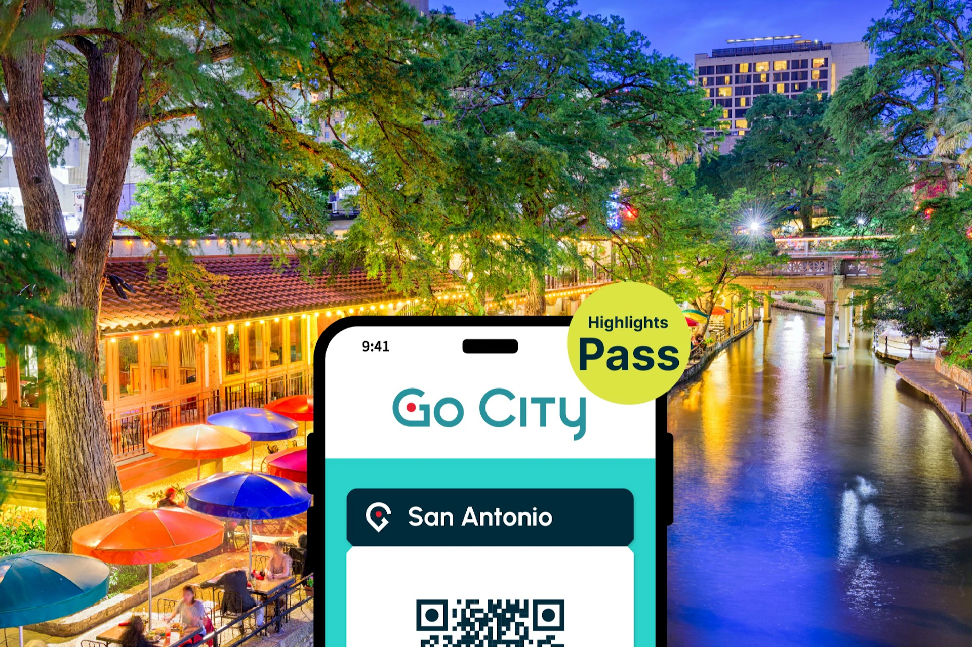 A digital pass for San Antonio from Go City displayed on a smartphone screen against a vibrant riverside evening scene.