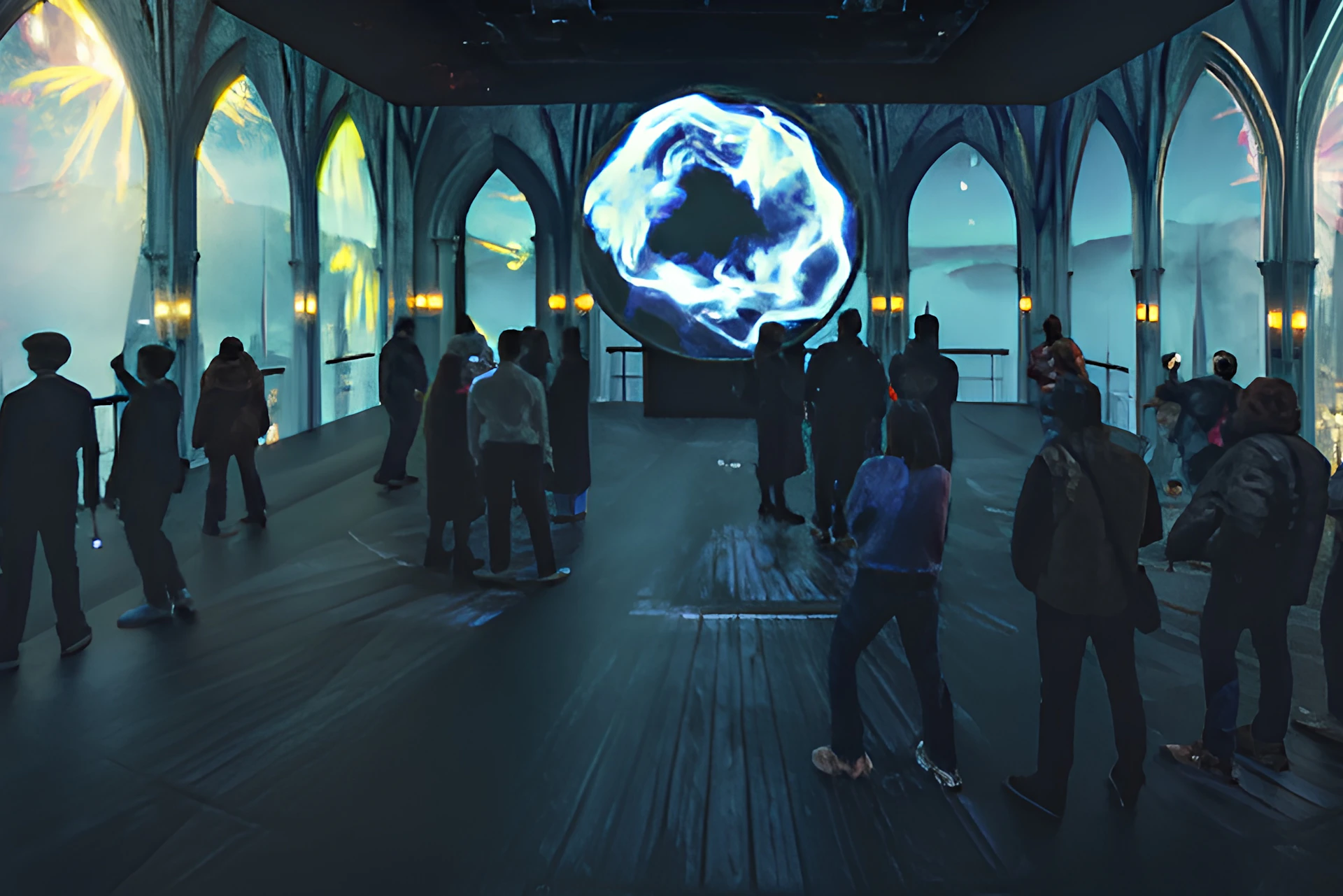 People standing inside a dimly lit, arched hall with a large glowing orb in the center and glowing wall panels.