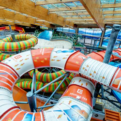 Indoor water park with colorful, intertwined tube slides and a wooden ceiling with skylights. No people are present.
