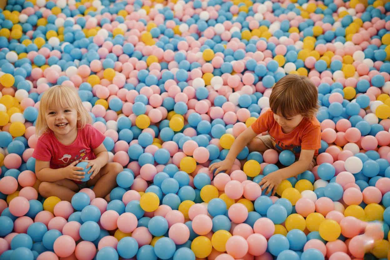 A child sitting in a ball pit filled with colorful balls, smiling and holding a blue ball.