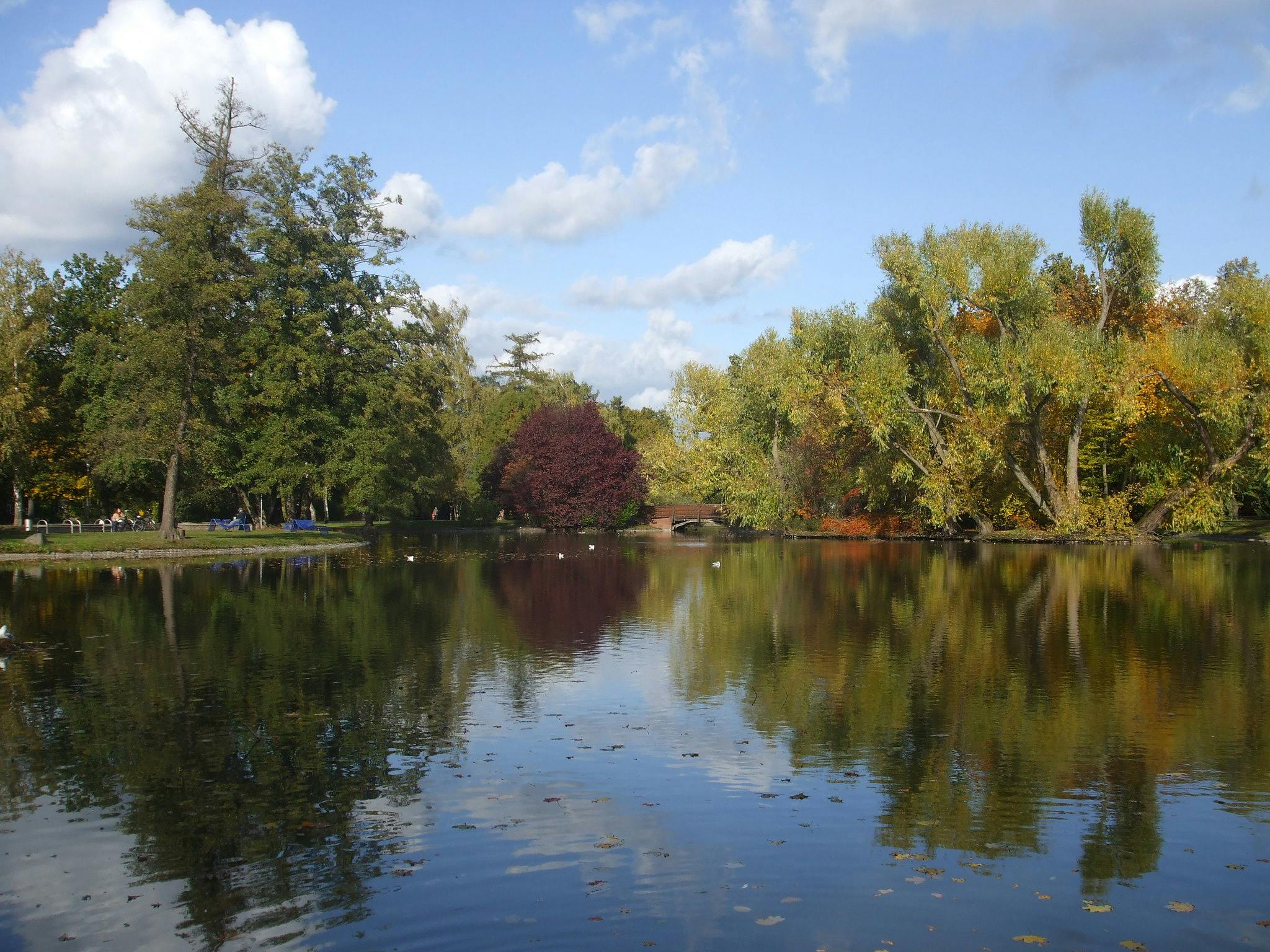 En lugn sjö omgiven av träd med färgglada lövverk som reflekterar över vattnet under en delvis molnig himmel.