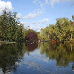 En lugn sjö omgiven av träd med färgglada lövverk som reflekterar över vattnet under en delvis molnig himmel.