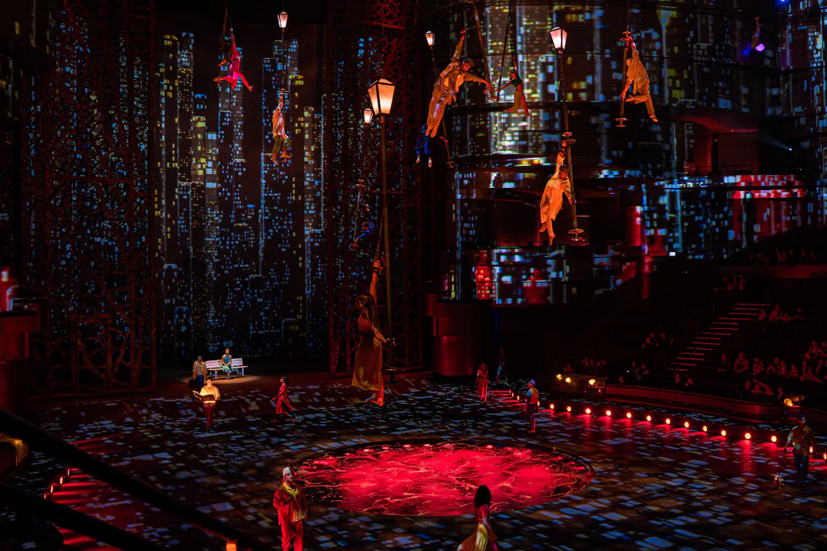 Aerial performers above the water stage at La Perle