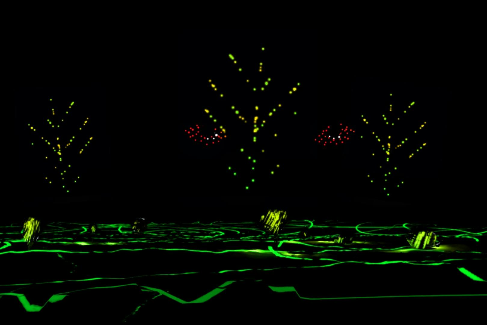 Abstract scene with glowing neon green lines on a dark surface, red and yellow dotted patterns resembling trees in the background.