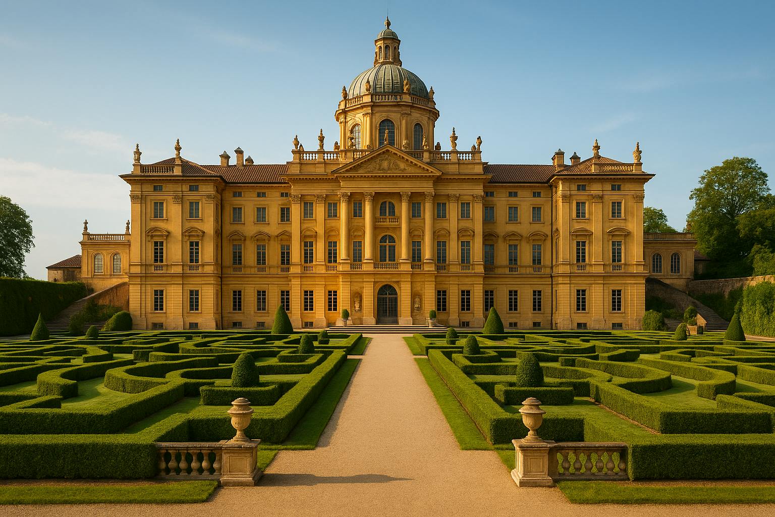 중앙 돔, 정교한 조경, 깔끔하게 다듬어진 울타리가 정면에 기하학적 정원 패턴을 이루는 웅장한 노란색 저택입니다.