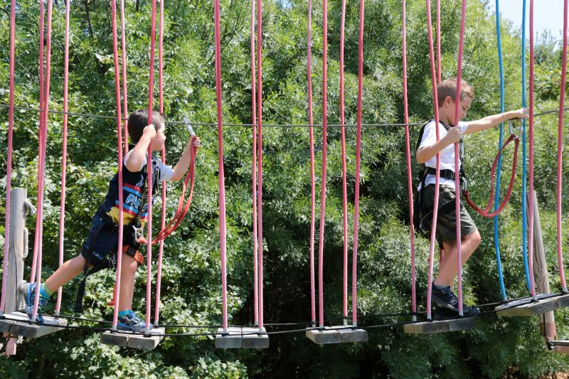 Two children walking on a rope bridge with red ropes and platforms, surrounded by dense green foliage. Both wear harnesses.