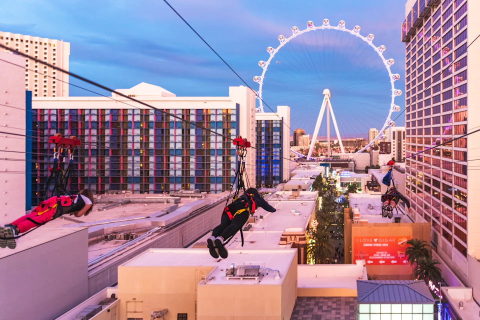 People ziplining over an urban area with a large Ferris wheel in the background.