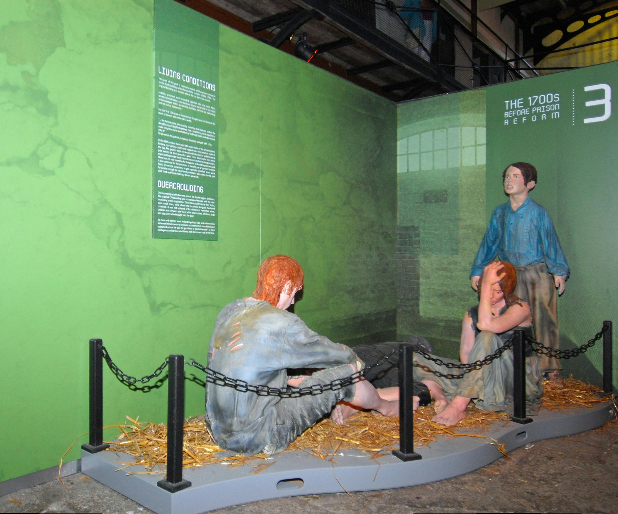 Tři figuríny zobrazující vězně ve špatných podmínkách se slaměným ložním prádlem, součást exponátu o vězeňské reformě z roku 1700.