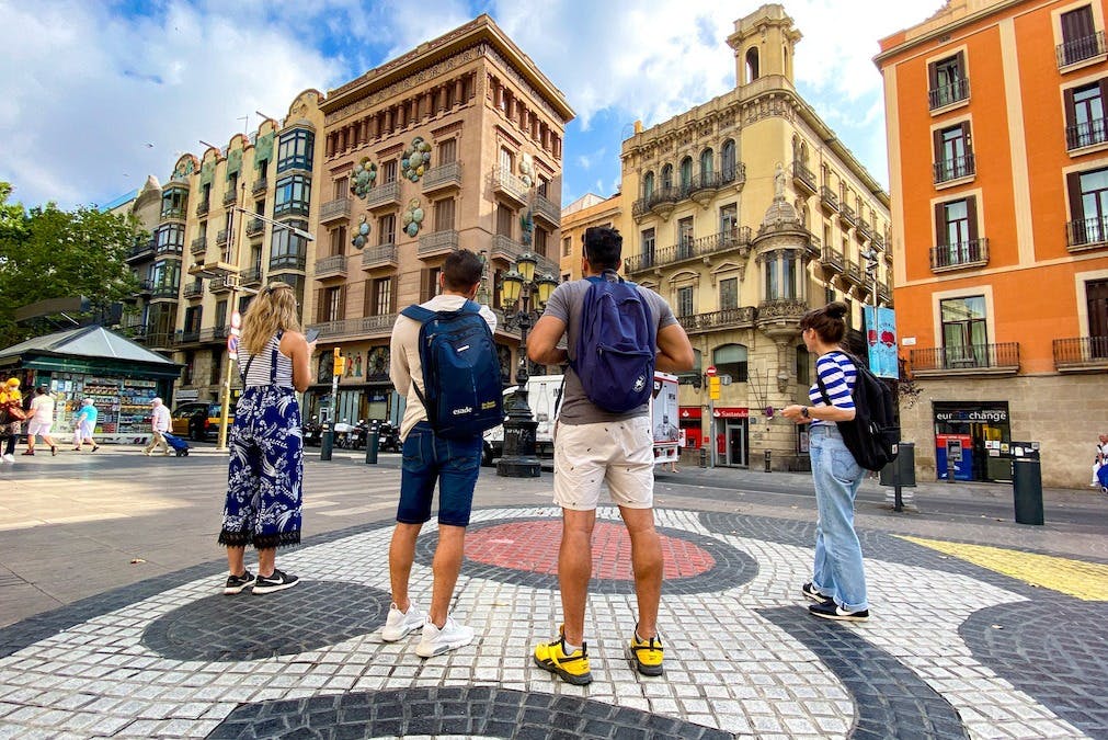 Yellow, blue, and red mosaic by the artist Joan Miró called Pla de l'Os.