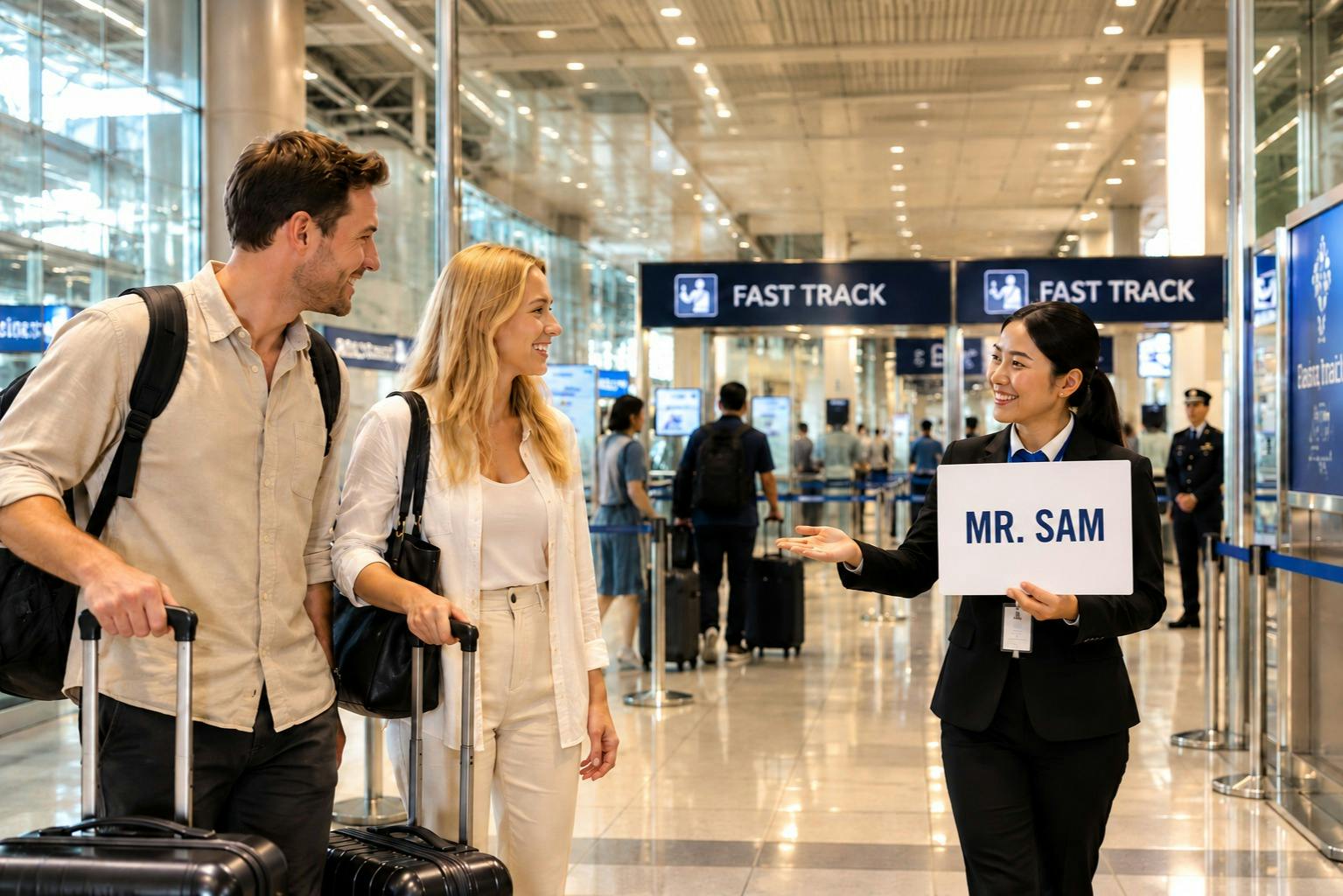 A woman in a suit holding a 'Mr. Sam' sign greets a traveler at an airport Fast Track area.