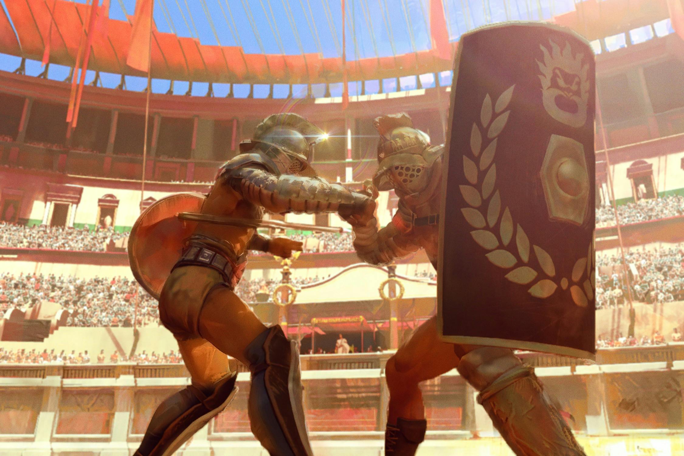 Deux gladiateurs en combat, portant des armures et des casques, l'un d'eux tenant un grand bouclier, dans une arène remplie de spectateurs.