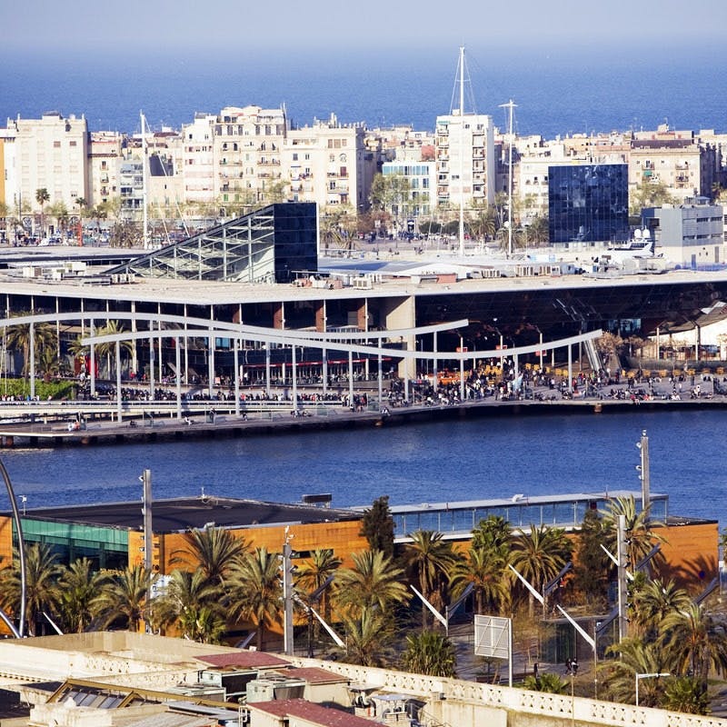 Widok na nabrzeże z nowoczesną architekturą, deptakiem, palmami i budynkami w tle nad morzem.