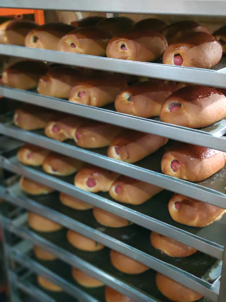 Rows of baked buns with sausages inside, arranged on metal trays in a bakery.