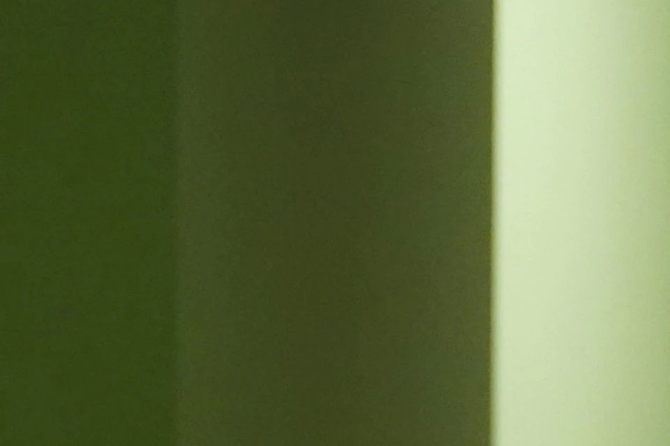 A carved statue of a man holding a child, displayed against a green background in a museum setting.
