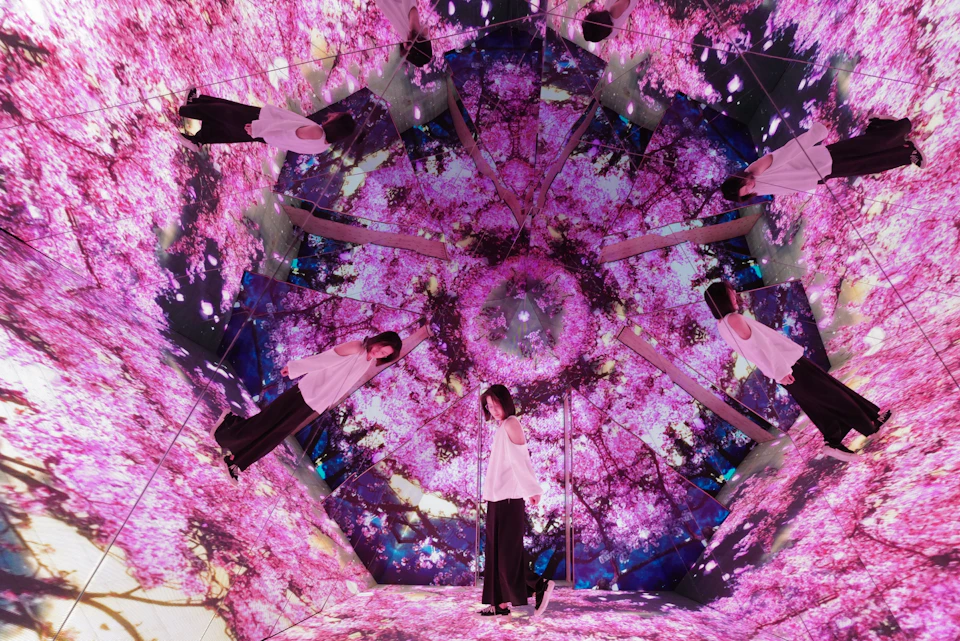 A person stands in a mirrored room with walls displaying kaleidoscopic pink floral patterns, creating reflections.