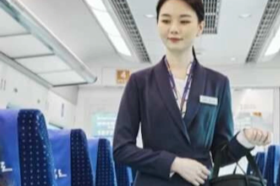 Passengers sit and interact in a brightly lit train carriage while a uniformed attendant walks down the aisle.