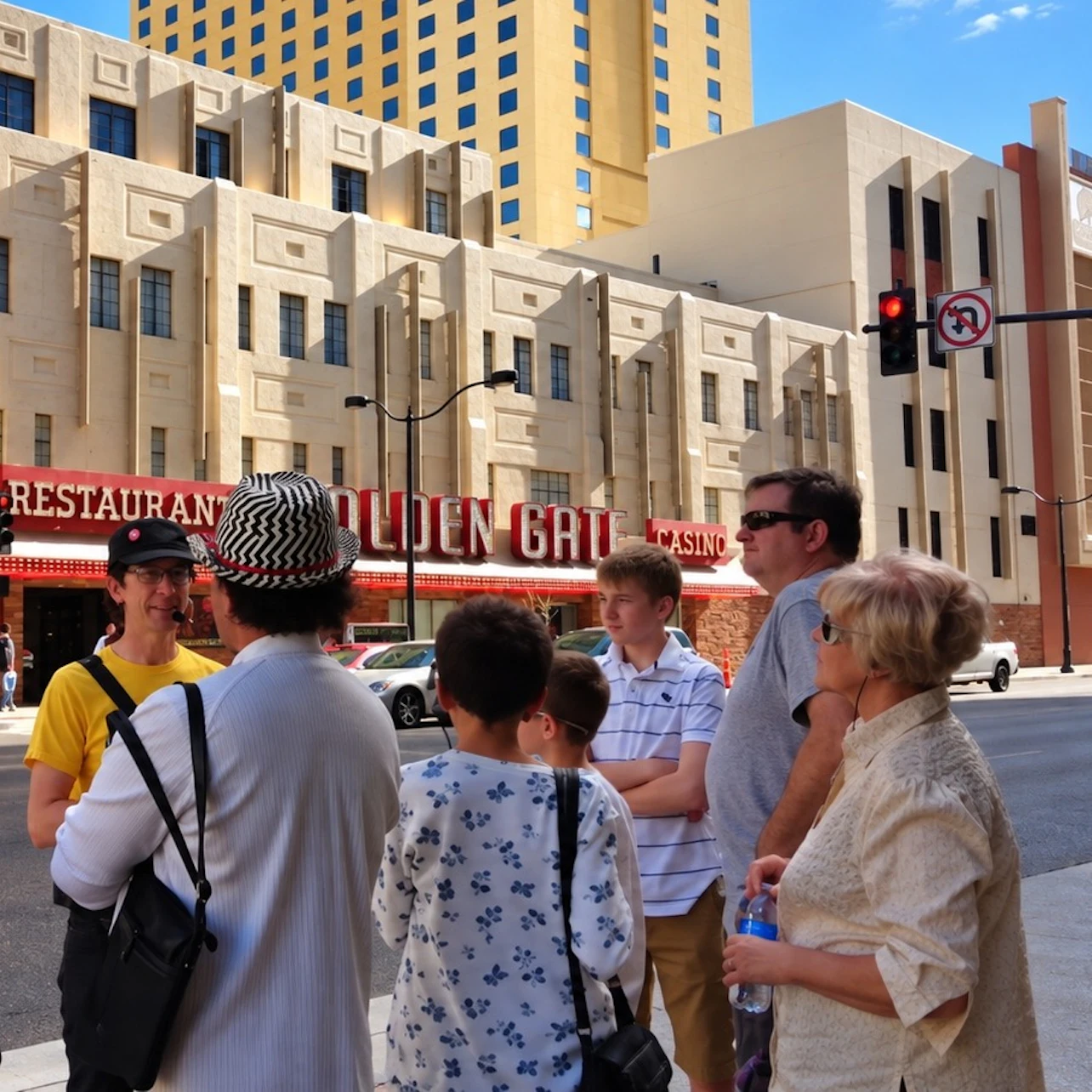 A group of people standing on a street near a building with a sign reading 'Golden Gate Casino,' under a clear sky.