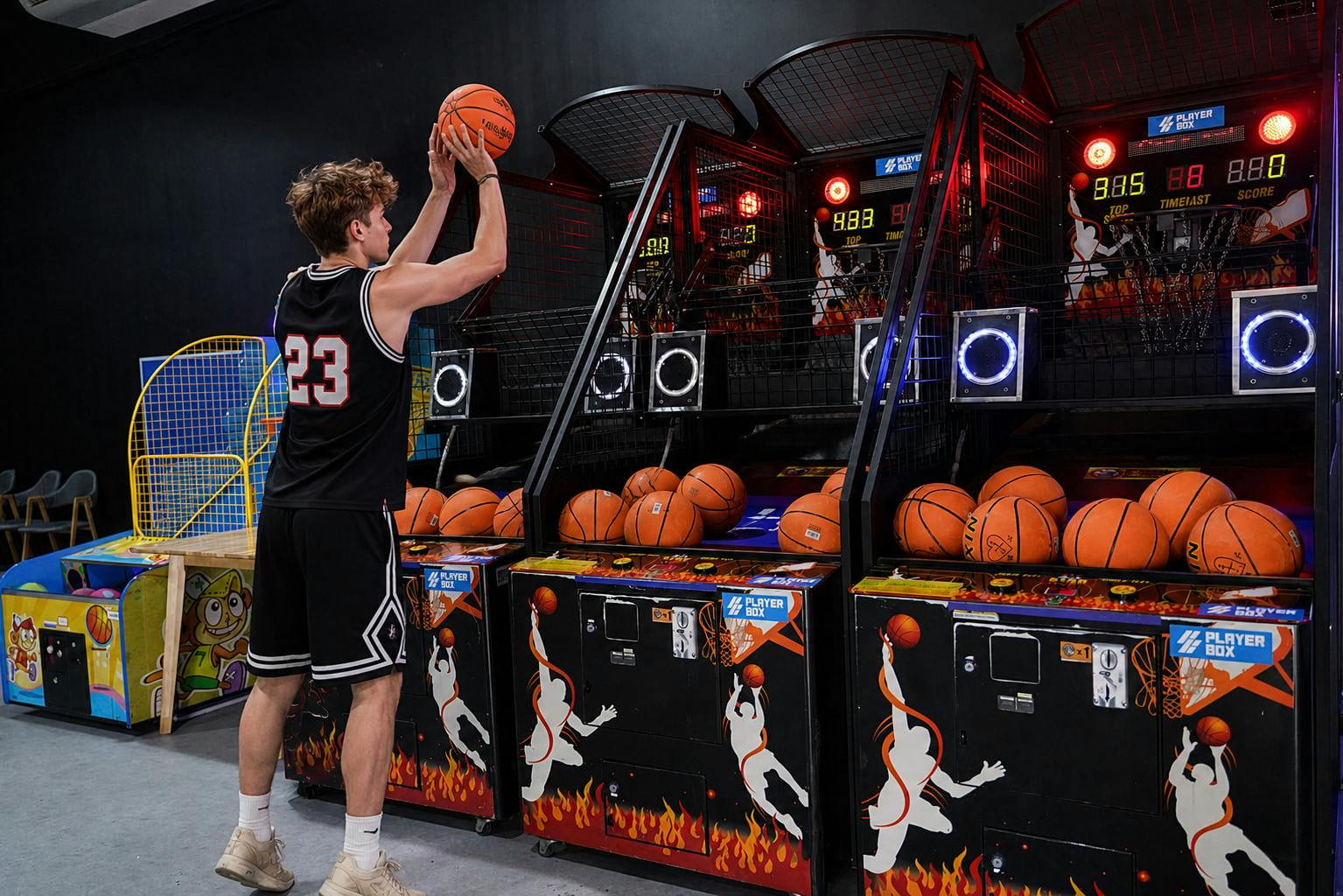 A person wearing a jersey with number 23 playing basketball arcade games indoors.