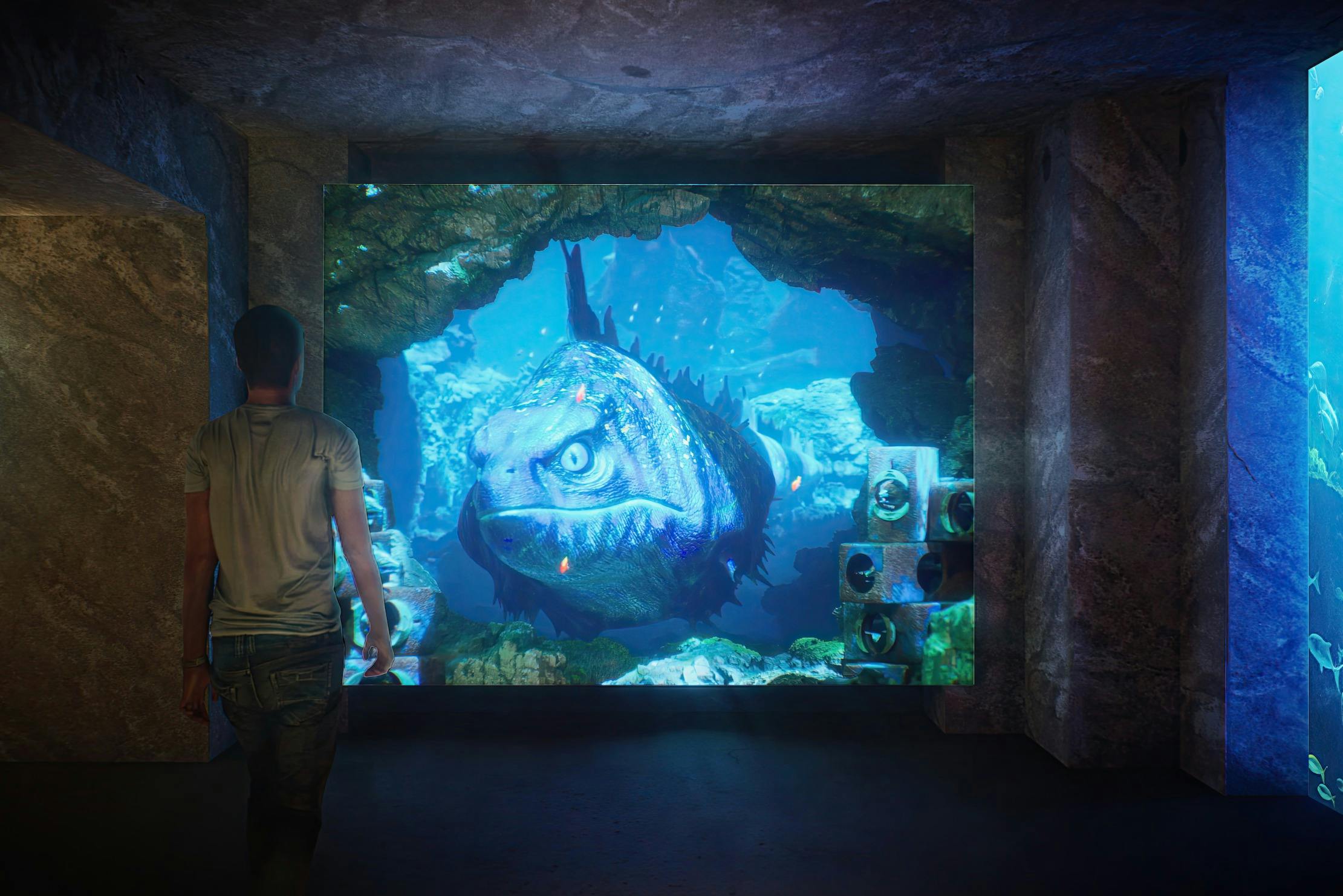 A person views a large aquarium display showing a big, colorful fish and underwater rocks.