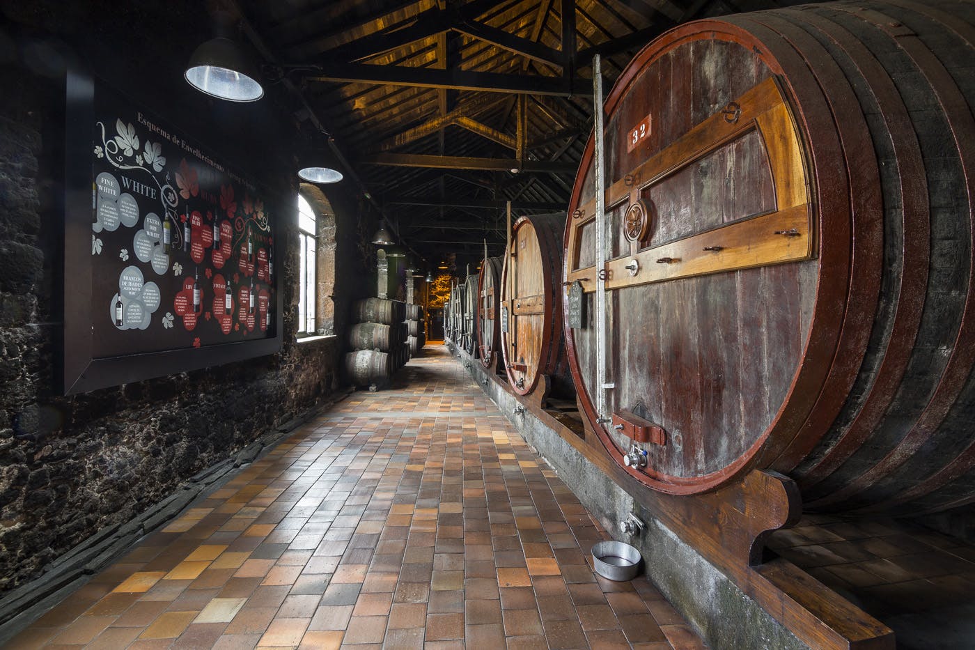 A cellar with large wooden casks, a tiled floor, informational wine posters on the wall, and dim overhead lighting.