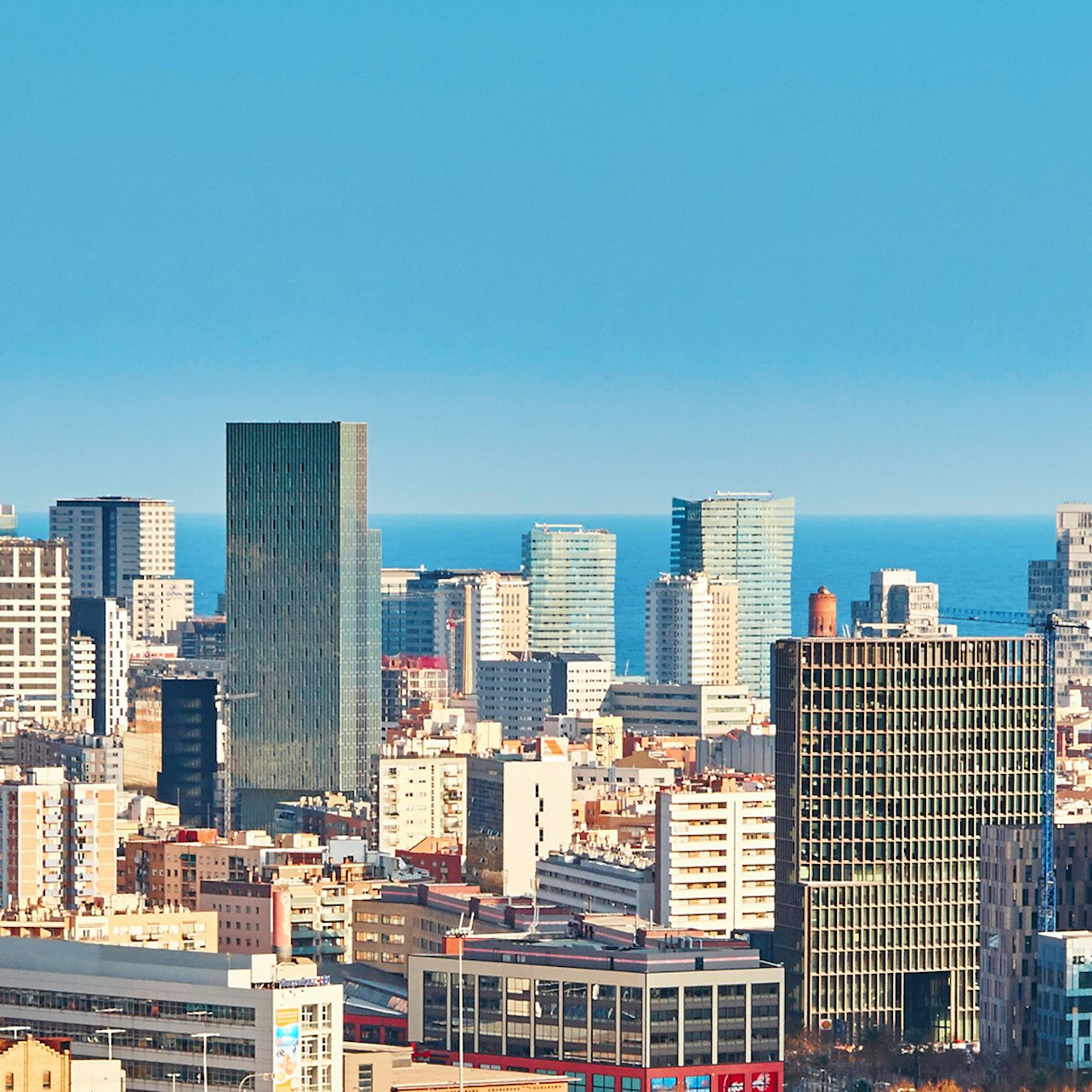 En stadsbild med en blandning av moderna skyskrapor och äldre byggnader, med en havshorisont och blå himmel i bakgrunden.