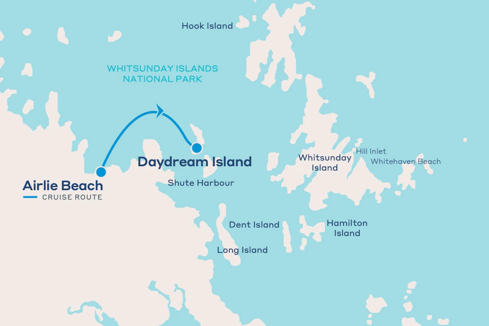 Map of Whitsunday Islands, highlighting Daydream Island, with marked route from Shute Harbour. Includes nearby islands like Hamilton and Whitsunday.