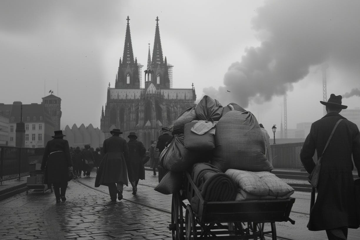 Ein Schwarz-Weiß-Foto einer gotischen Kathedrale im Hintergrund, mit spazierenden Menschen und einem mit Taschen beladenen Wagen im Vordergrund.