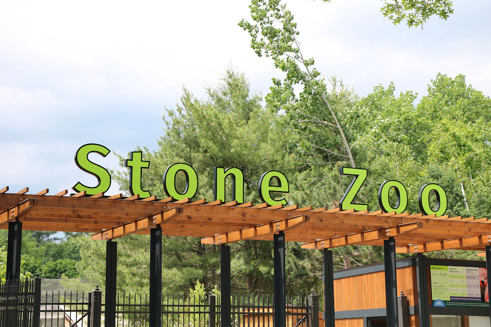 Entrance of Stone Zoo with large green letters on a wooden pergola, surrounded by greenery and trees.