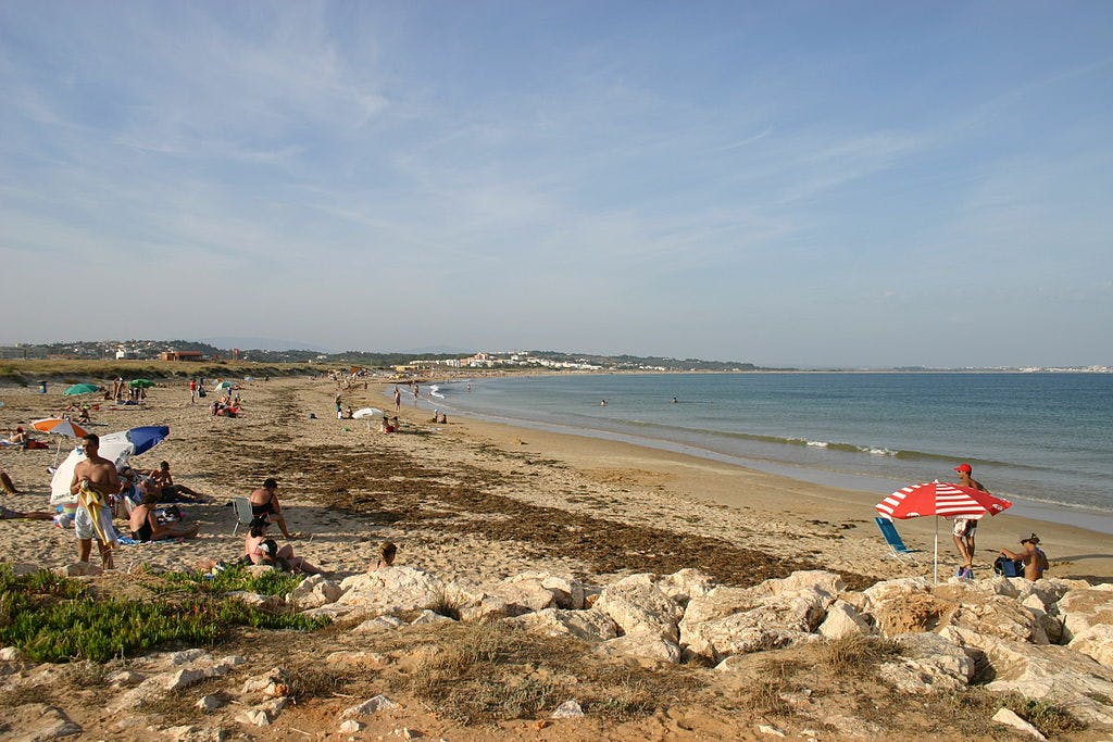 人们在晴朗的天空下，靠近水边的沙滩上放松身心，享受日光浴。