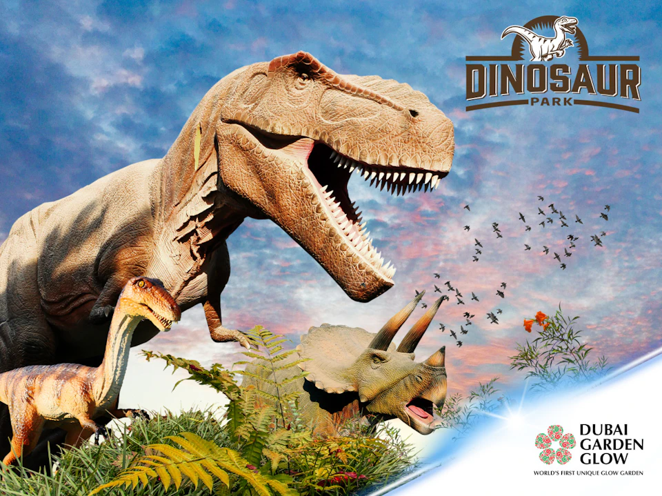 Realistic dinosaur sculptures, including a T-Rex and a Triceratops, surrounded by foliage, with a logo in the sky.