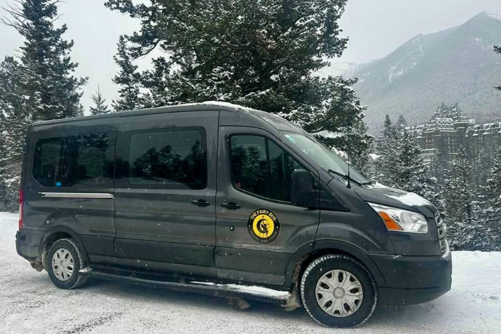 A black van with a logo parked on a snowy road, surrounded by snow-covered trees and mountains in the background.