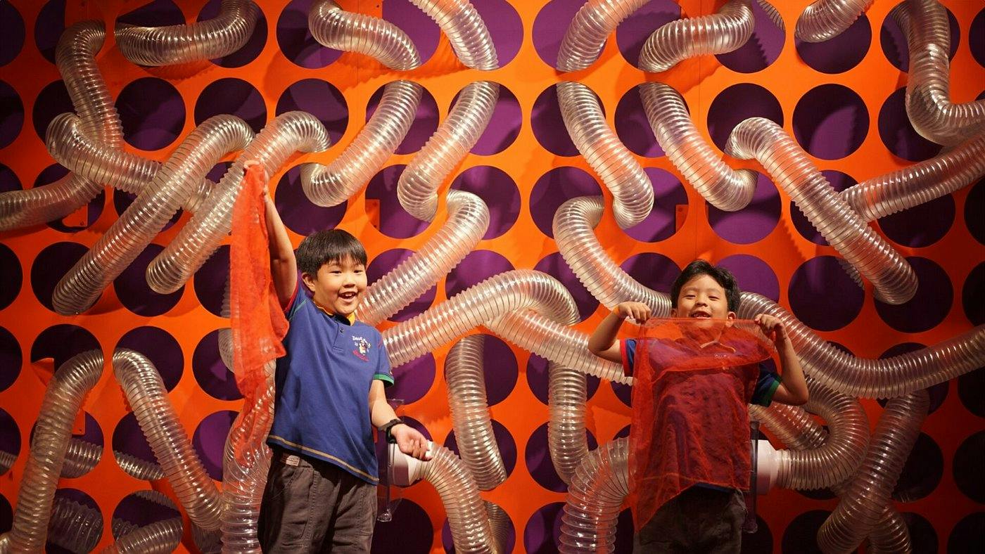 A child stands in front of a vibrant art installation with orange and purple circles and clear tubing, holding a red net.