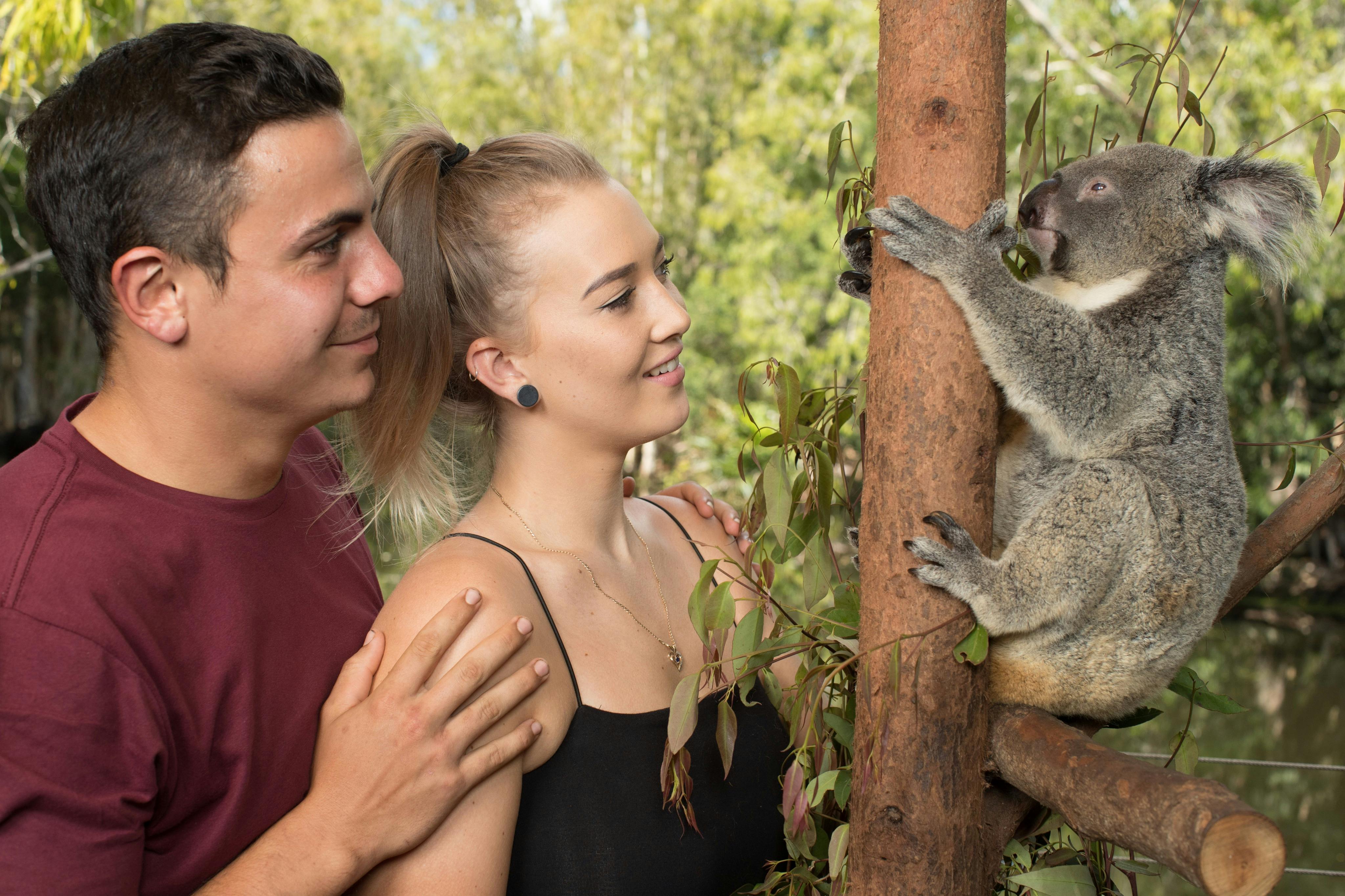 屋外で一緒に微笑んでいる男性と女性、近くには葉っぱと木の幹があります。