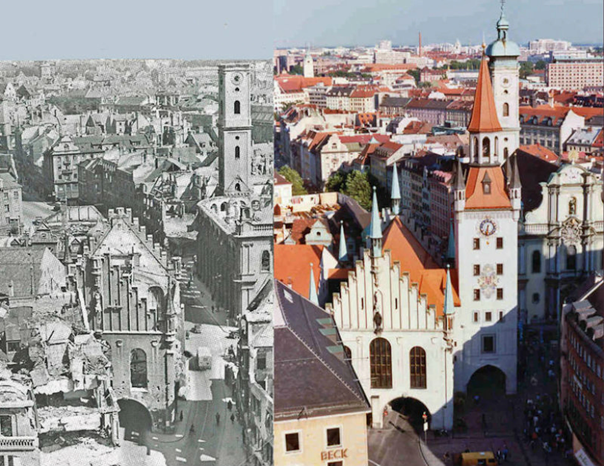 A split image showing a historic town: the left side in black and white damage, and the right side in color, restored buildings.