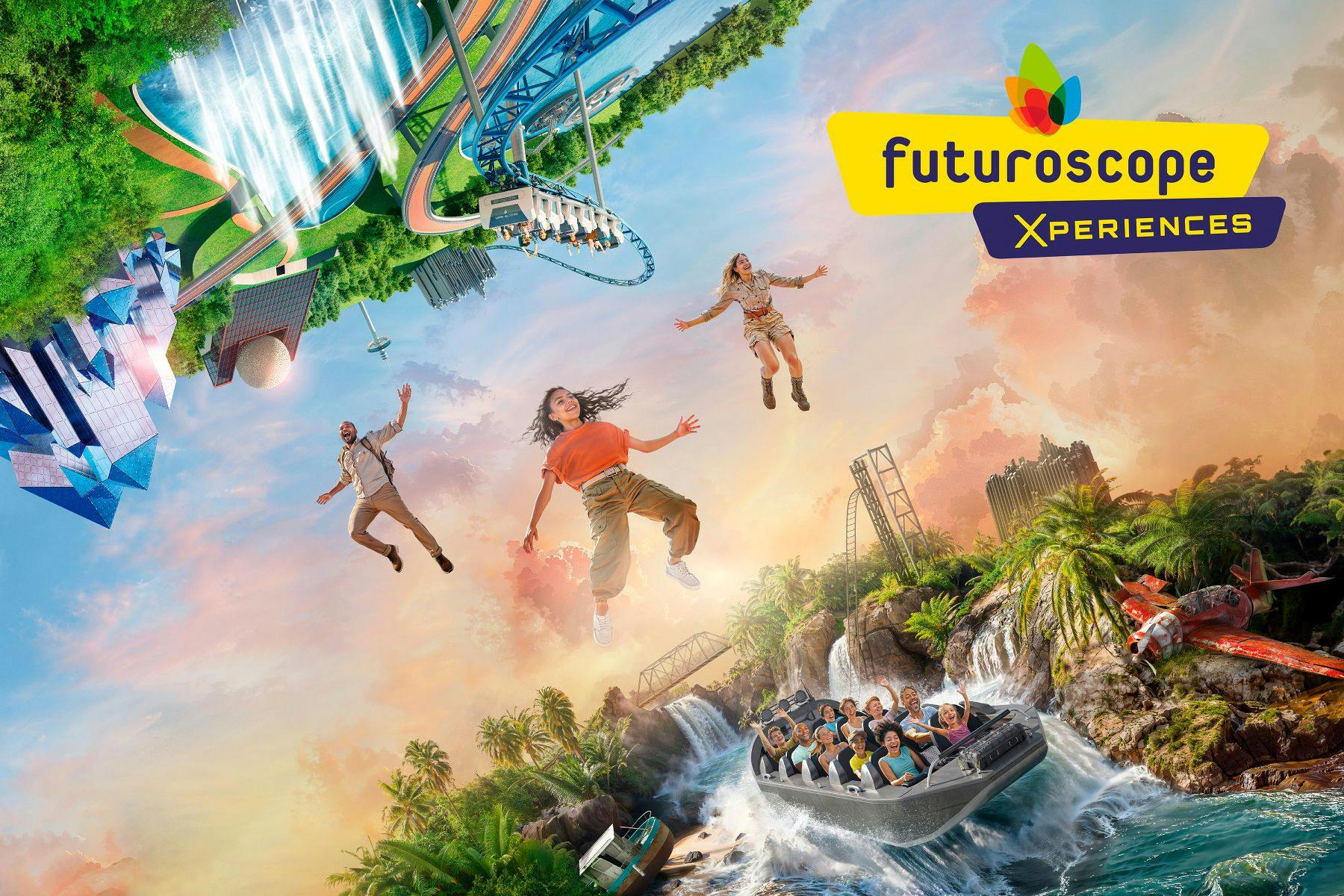 People floating in front of a roller coaster and water ride in a futuristic amusement park backdrop with a bright sky.