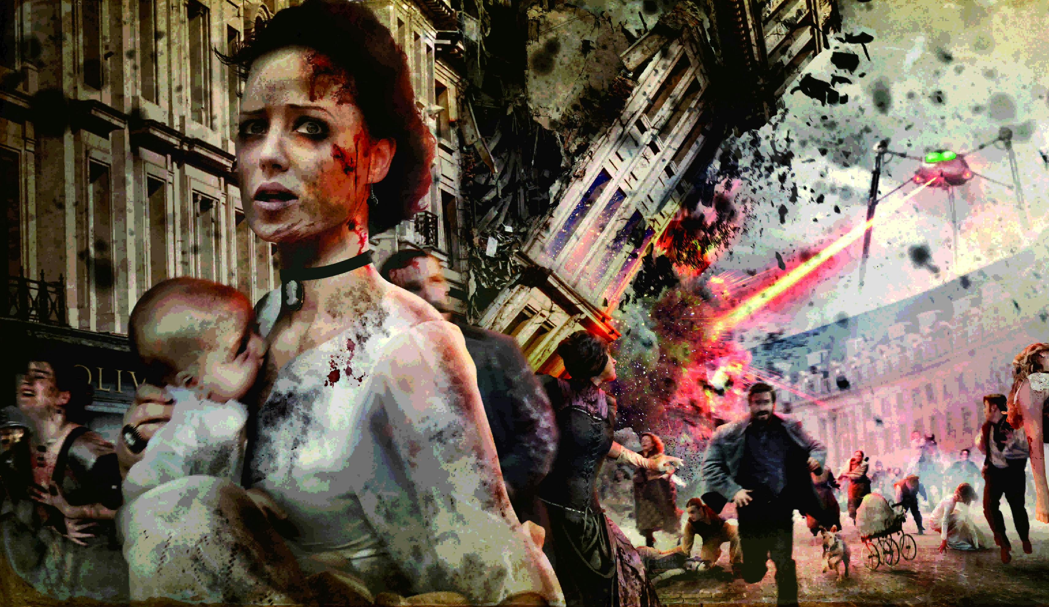 혼란스러운 거리 풍경 속에서 아기를 안고 있는 곤경에 처한 한 여성은 건물이 무너지고 기계의 빨간색 레이저가 배경이 됩니다.