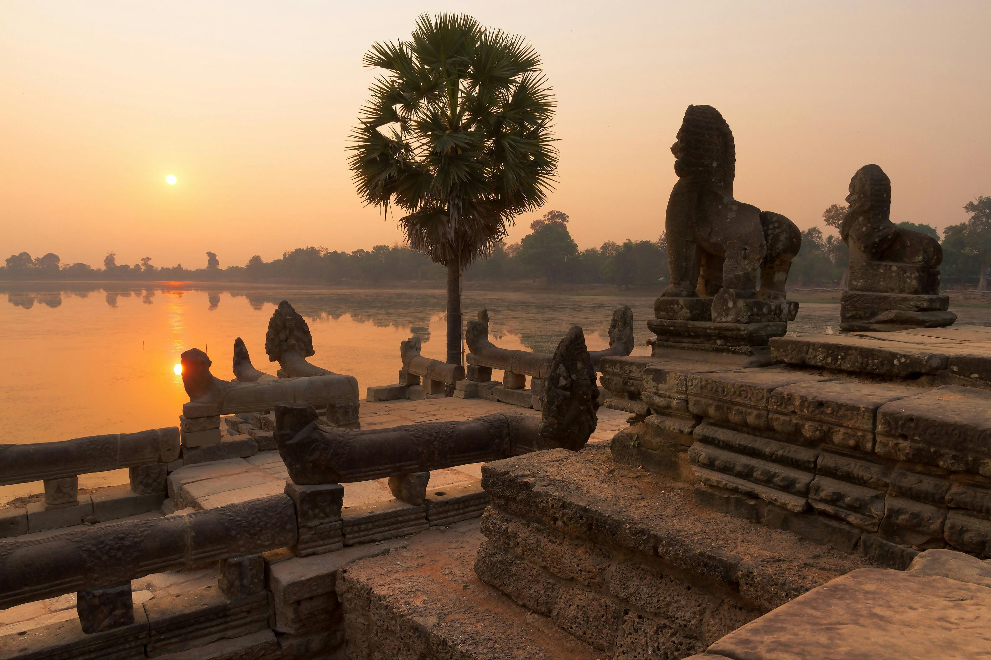 A sunrise over a lakeside stone terrace with sculptures of lions and a palm tree in the background.