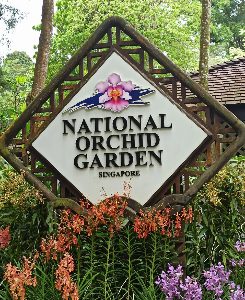 Sign reading "National Orchid Garden Singapore" with a pink orchid, surrounded by plants and flowers. Trees and building in the background.