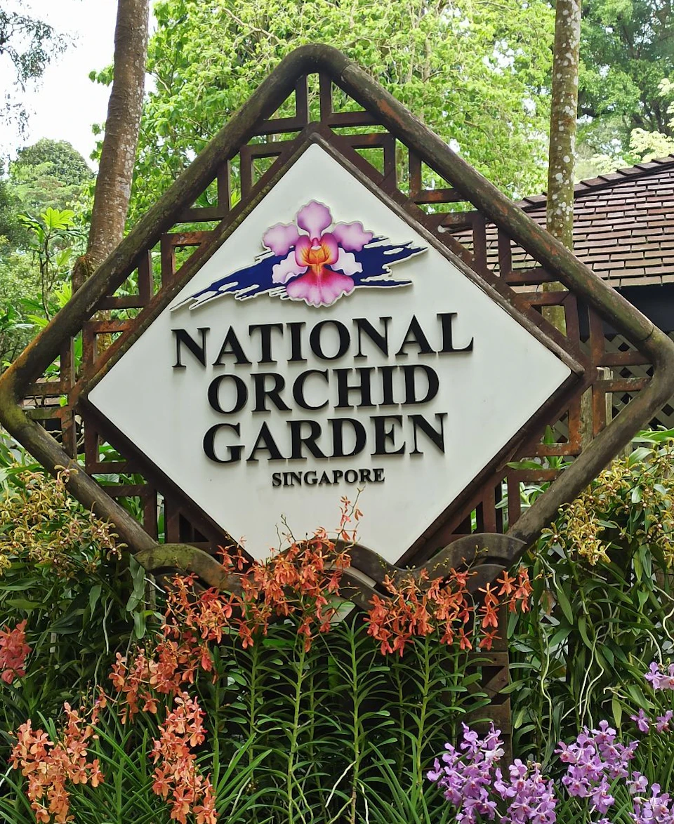 Sign reading "National Orchid Garden Singapore" with a pink orchid, surrounded by plants and flowers. Trees and building in the background.